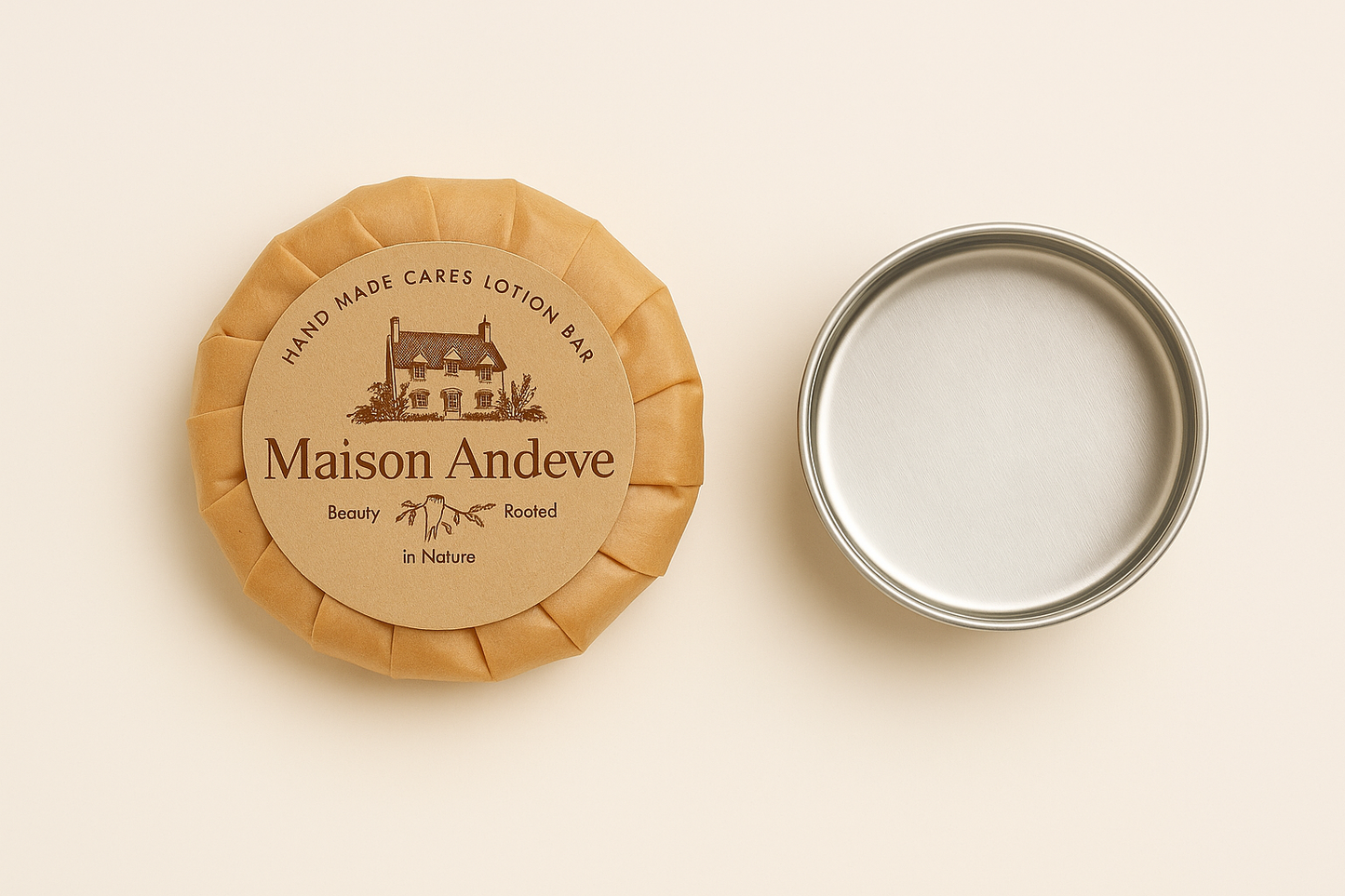 Wrapped Maison Andeve lotion bar next to empty metal tin, eco-friendly refill packaging.
