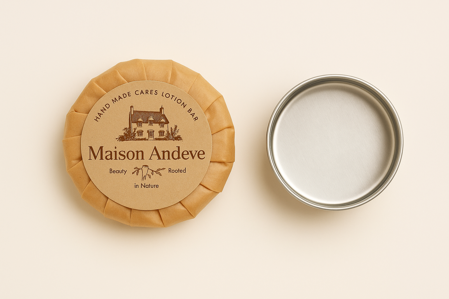 Wrapped Maison Andeve lotion bar next to empty metal tin, eco-friendly refill packaging.