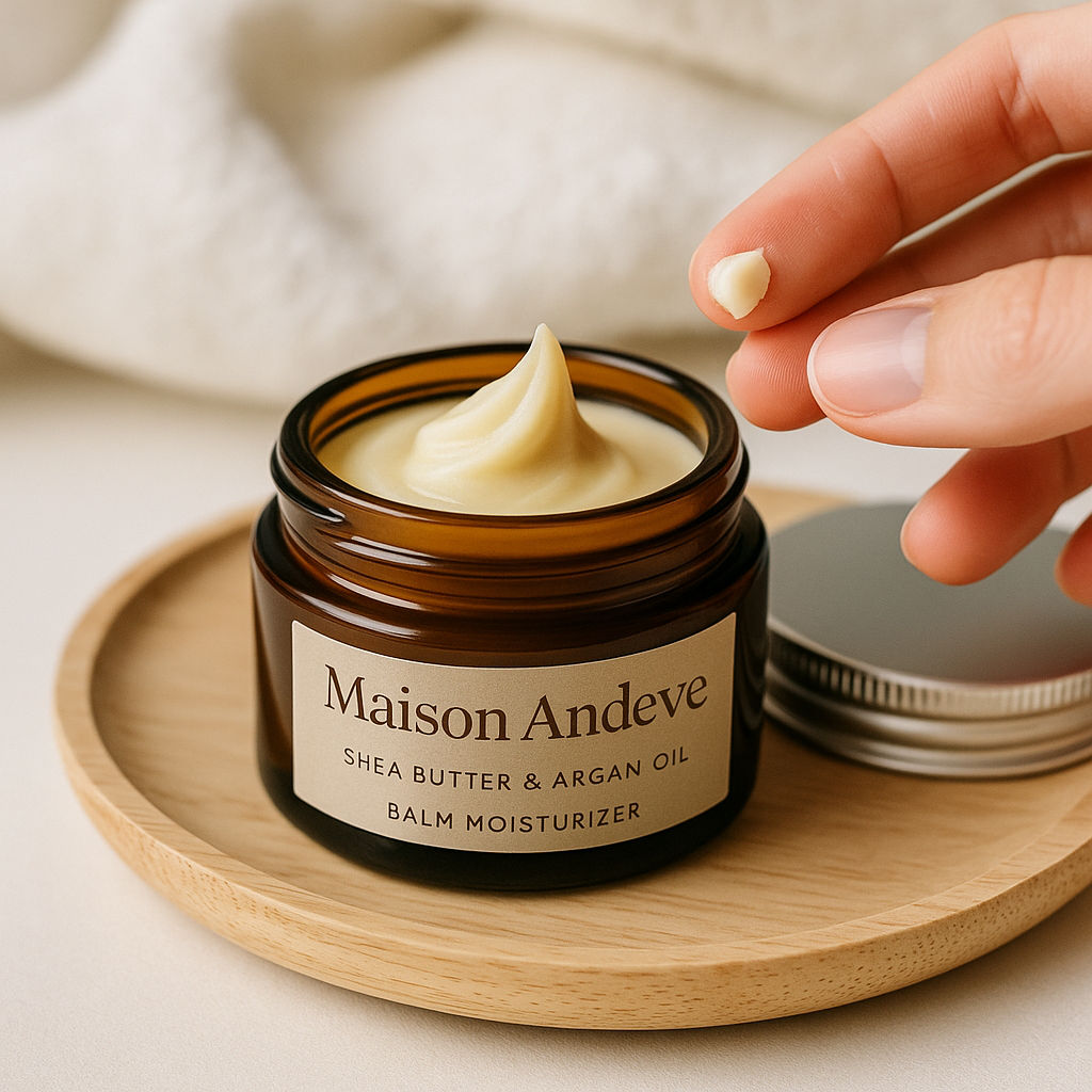 Maison Andeve shea butter and argan oil balm with smooth swirl texture in amber jar