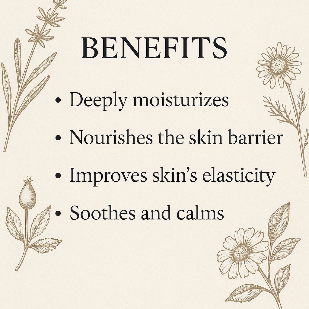 Benefits of Maison Andeve shea butter balm listed with botanical illustrations.