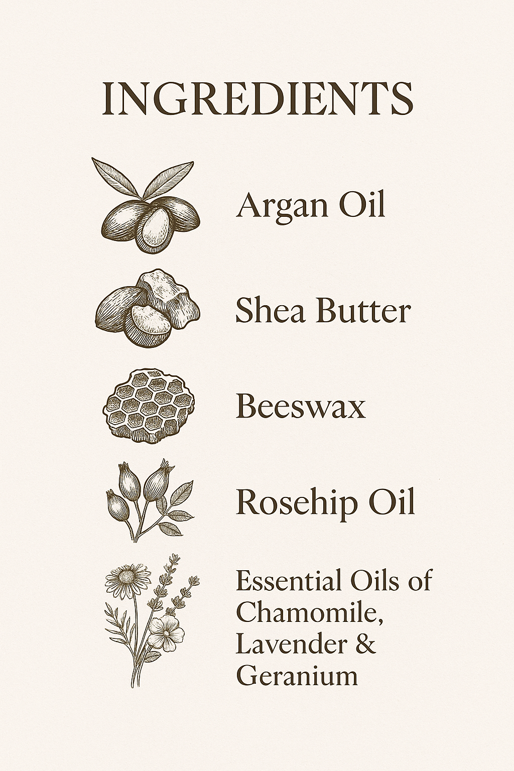 Ingredients of Maison Andeve shea balm including argan oil, shea butter, beeswax, rosehip, chamomile, lavender, and geranium.