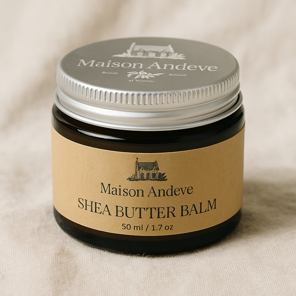 50 ml Maison Andeve shea butter balm in amber jar with silver lid on neutral background.