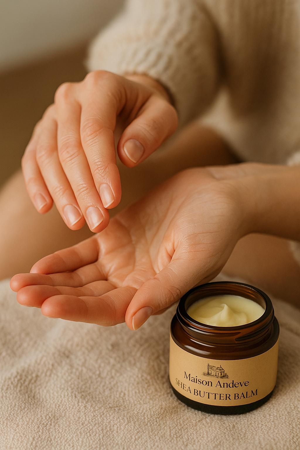 Hands applying Maison Andeve shea butter balm from amber jar onto skin.