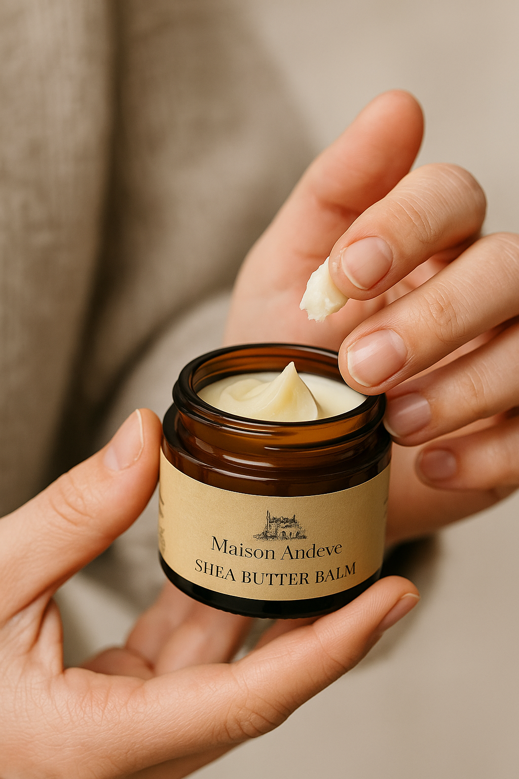 Hand scooping Maison Andeve shea butter balm from amber jar, natural handmade moisturizer.