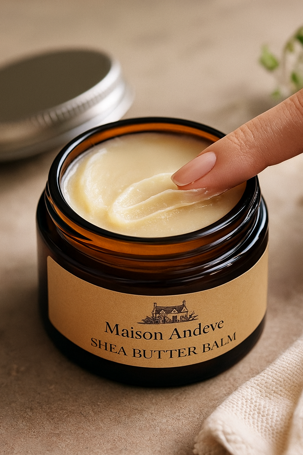 Finger dipping into Maison Andeve shea butter balm in amber jar showing soft creamy texture.
