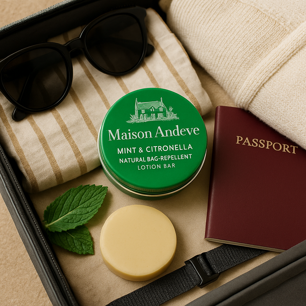 Travel flatlay with Maison Andeve mint and citronella lotion bar, passport, sunglasses and clothing.
