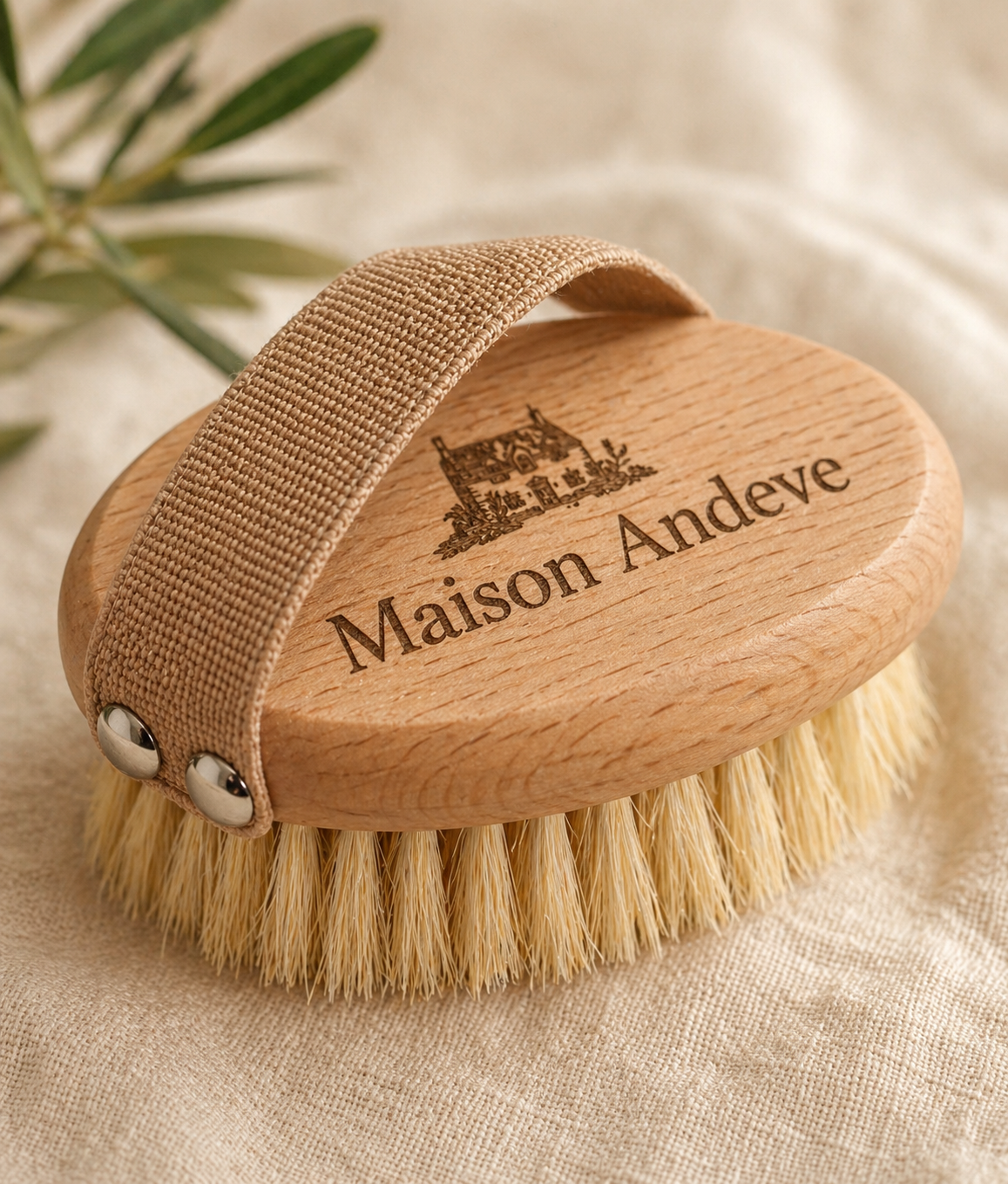 Maison Andeve wooden dry brush with strap and natural bristles on neutral background, eco friendly skincare tool