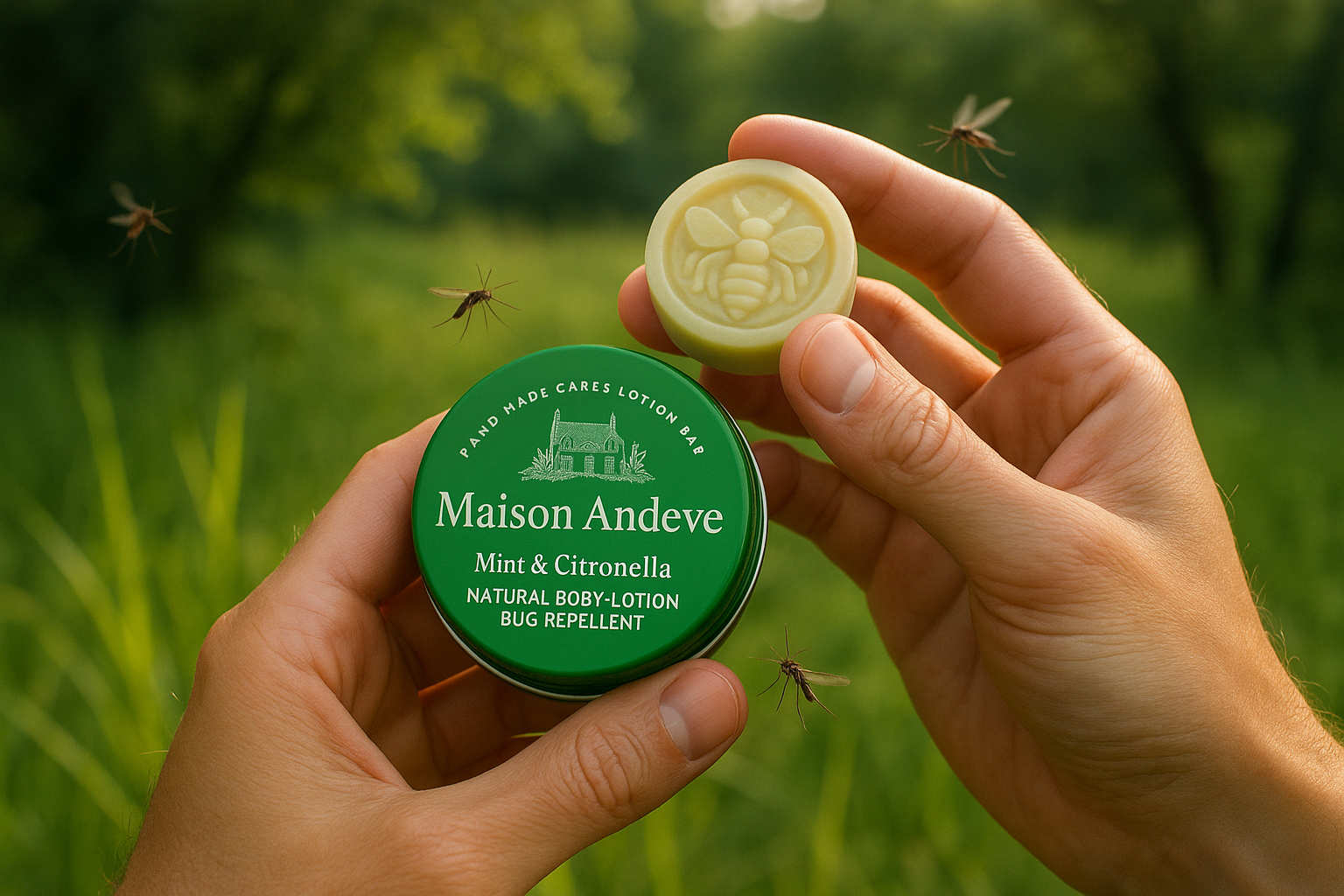 Hands holding Maison Andeve mint and citronella lotion bar and tin outdoors with mosquitoes, natural bug-repellent balm.