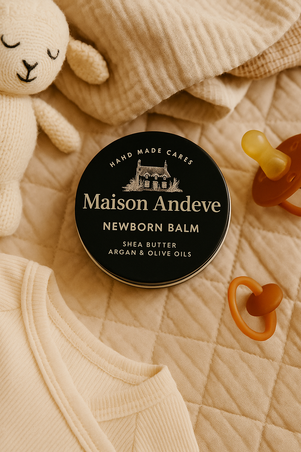 Natural skincare ingredients including shea butter and plant oils used in Maison Andeve balms
