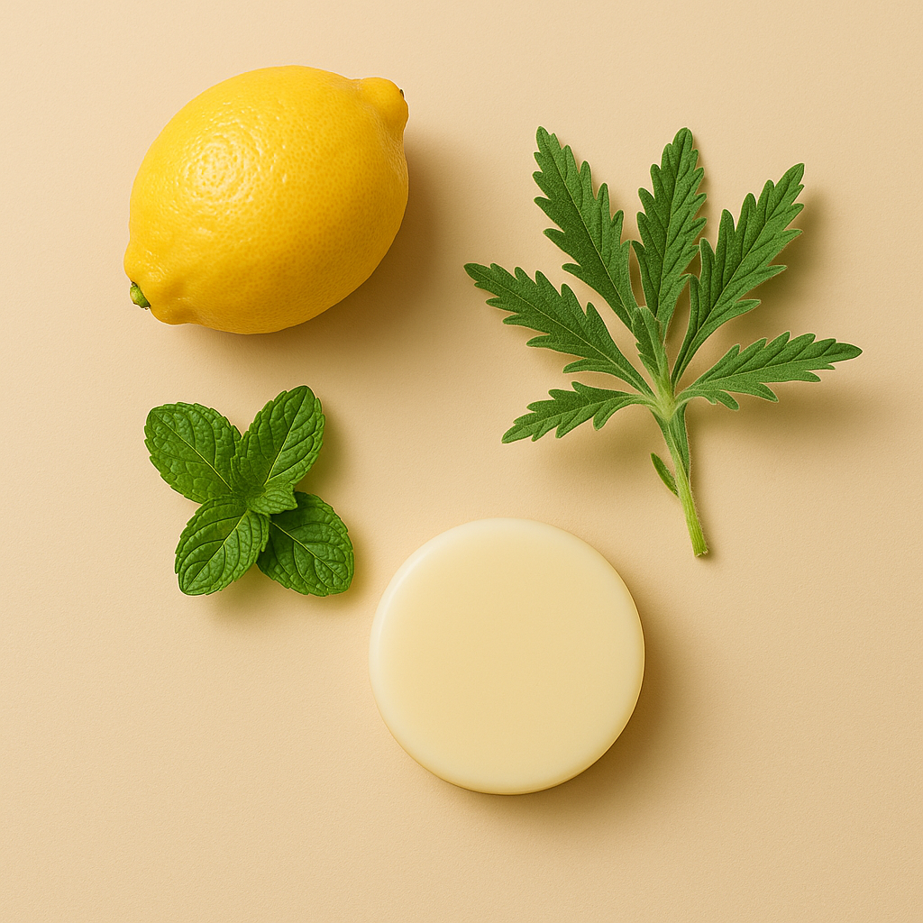 Flat lay of natural ingredients lemon, mint, citronella leaf and Maison Andeve lotion bar.
