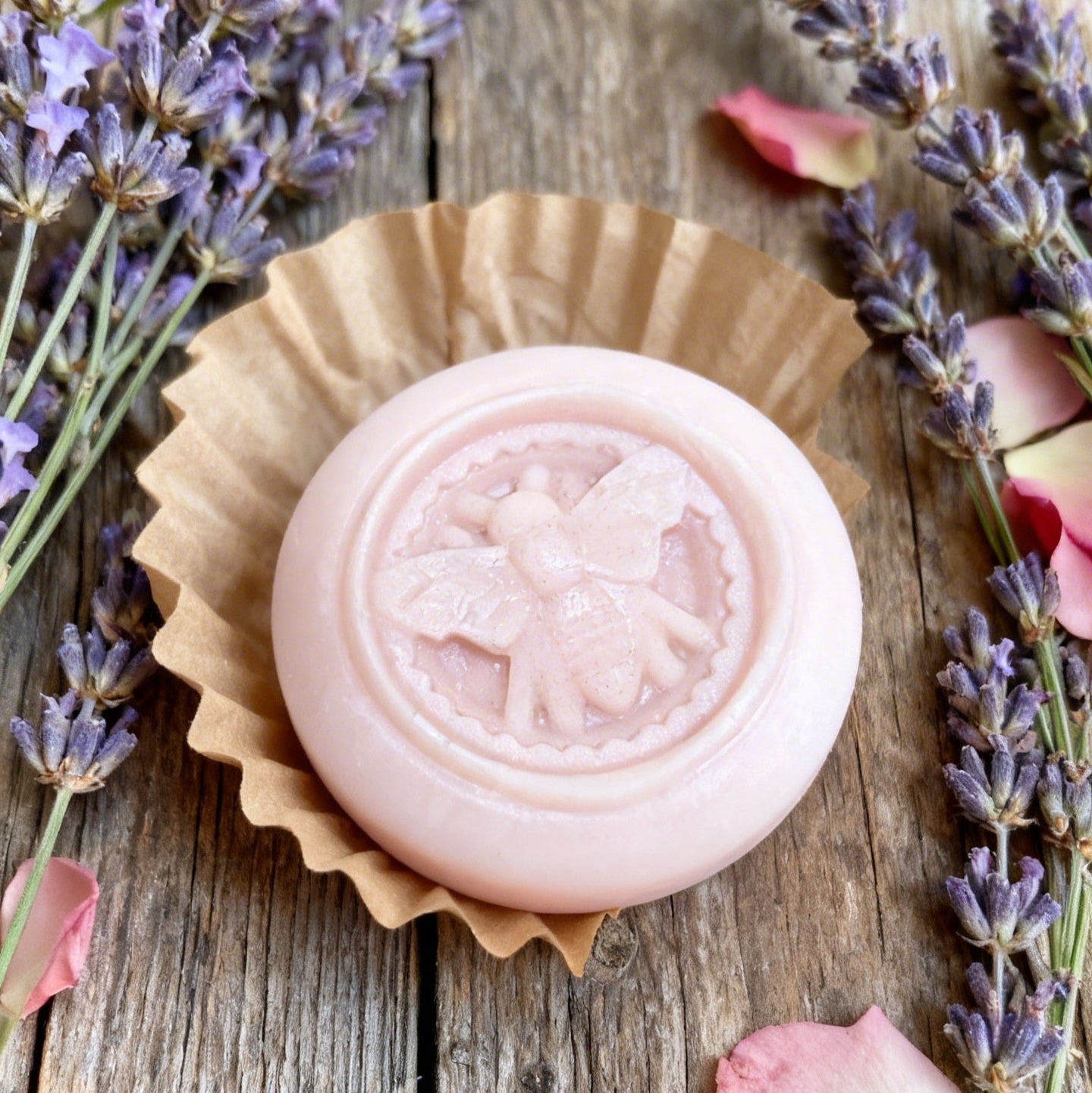 Natural rose and lavender solid lotion bar for dry skin, handmade moisturiser with botanical ingredients and floral styling