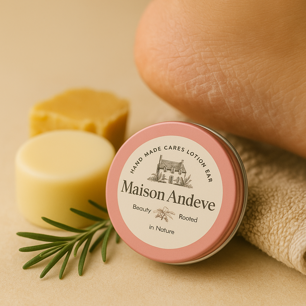 Handmade newborn balm in tin resting on soft fabric for baby skin care
