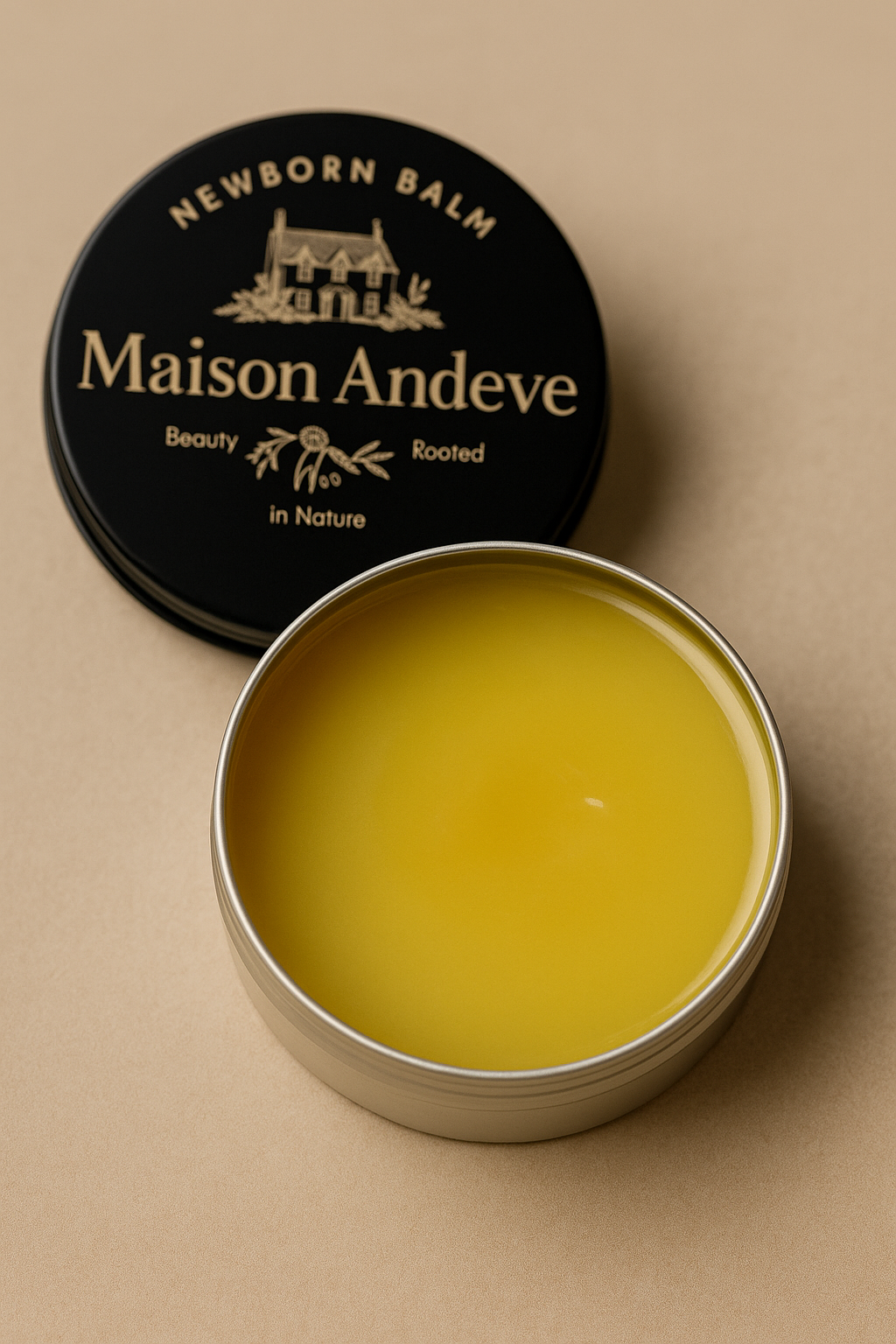 Open tin of newborn balm showing smooth texture made with shea butter, argan and olive oils
