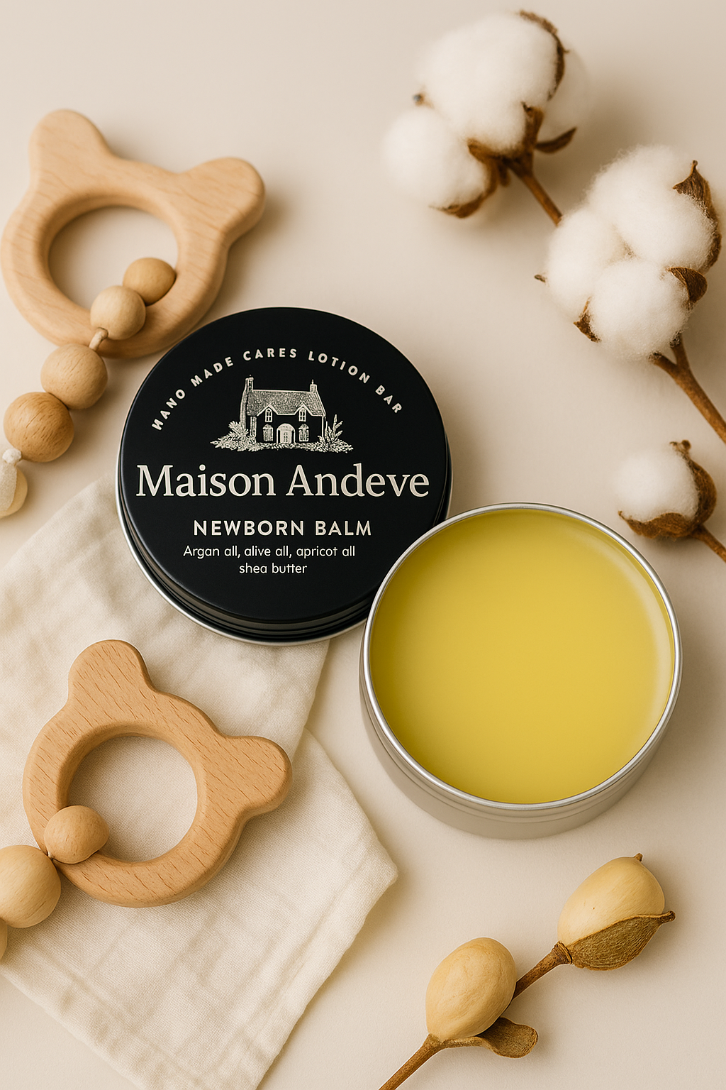 Scent-free newborn balm made with natural oils, displayed with baby essentials for gentle baby skincare
