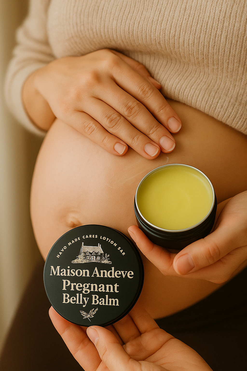 Pregnancy belly balm being gently applied to growing belly for skin comfort
