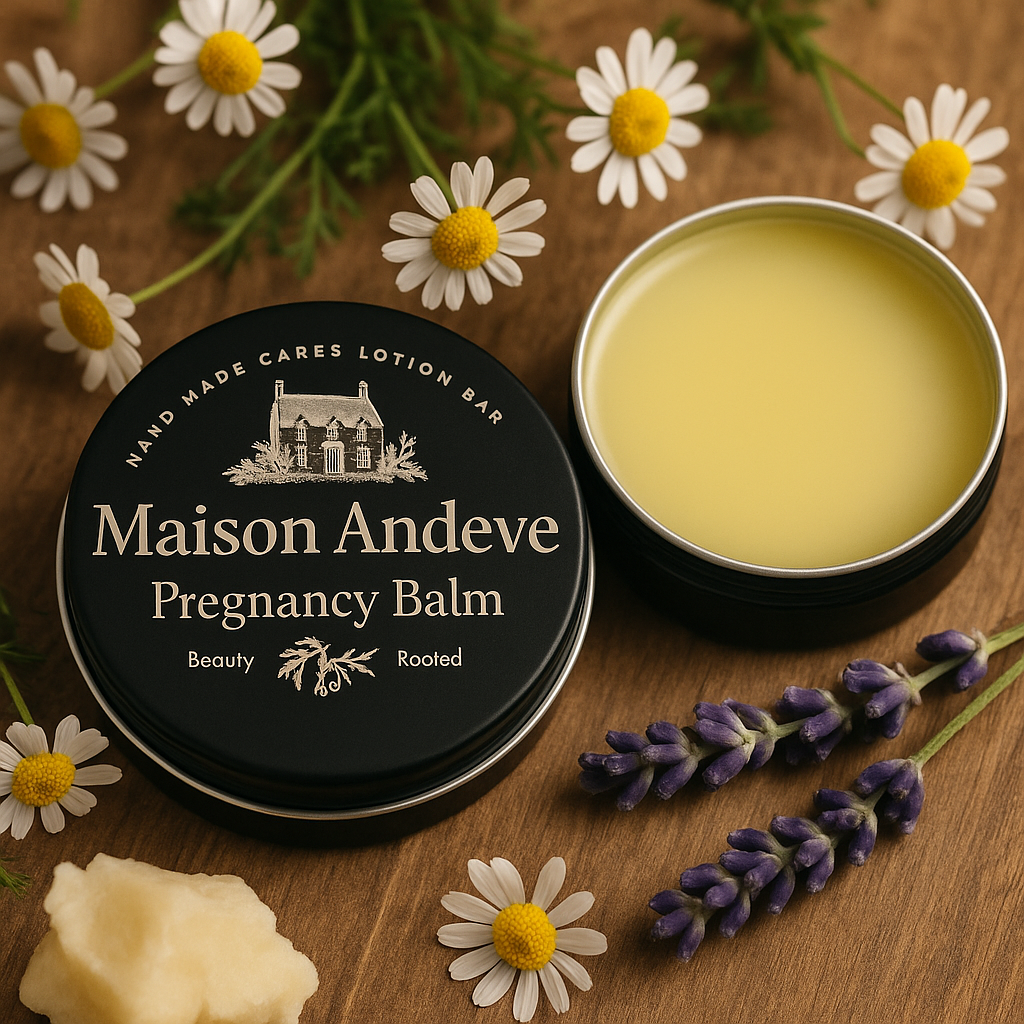 Pregnancy belly balm made with natural ingredients to care for stretching skin, styled with botanicals
