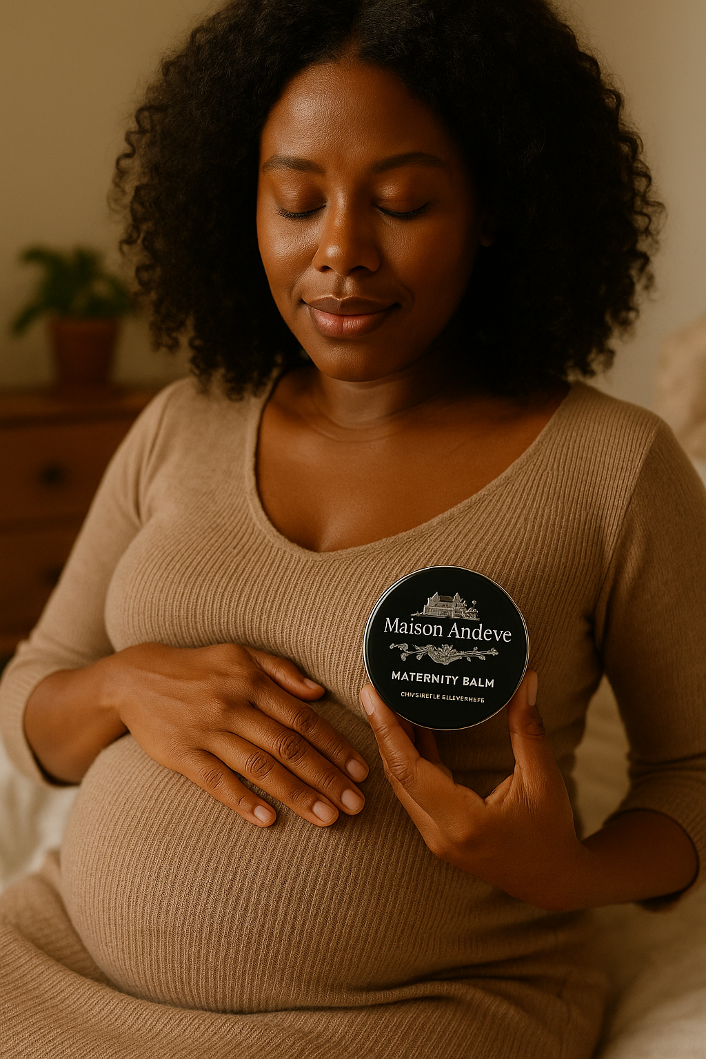 Maison Andeve pregnancy belly balm held by expectant mother for skin nourishment
