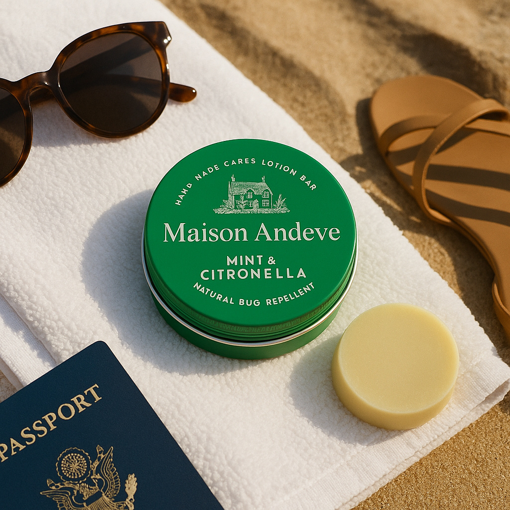 Maison Andeve mint and citronella lotion bar shown as a travel essential on towel with sunglasses and passport.